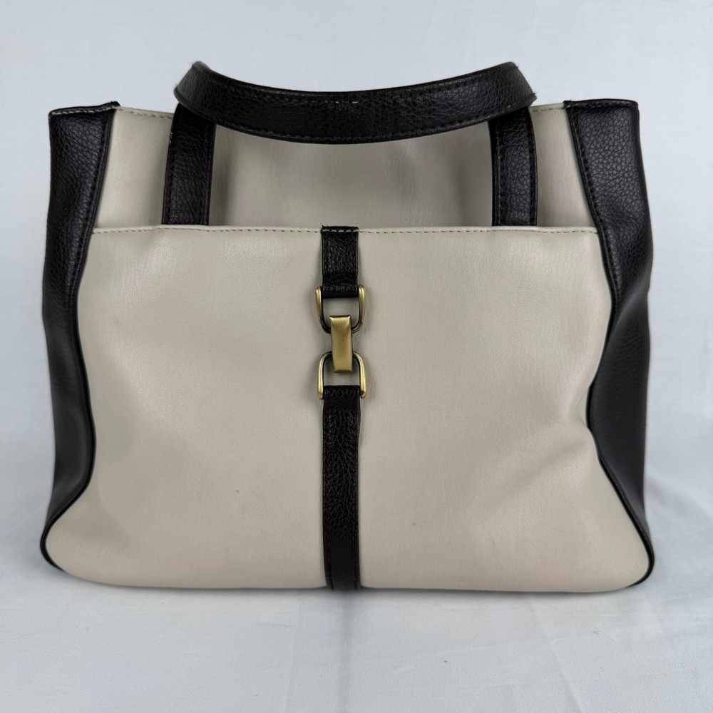 Villager Liz Claiborne Two Tone Cream Brown Leather Shoulder Bag Tote Organizer
